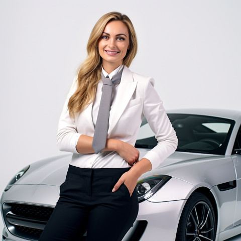 Friendly smiling beautiful woman automotive customer relations specialist at work on white background