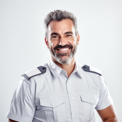 Friendly smiling handsome man automotive compliance and safety officer at work on white background