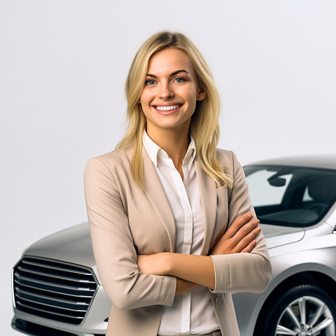 Friendly smiling beautiful woman automotive customer relations specialist at work on white background