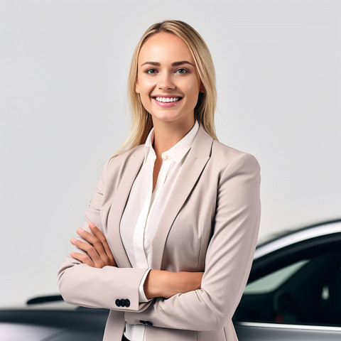 Friendly smiling beautiful woman automotive customer relations specialist at work on white background