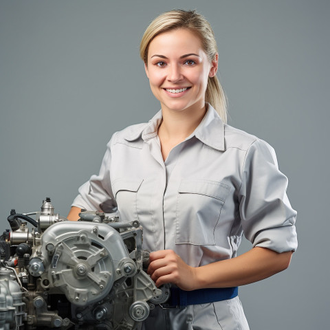 Friendly smiling beautiful woman automotive service technician at work on white background