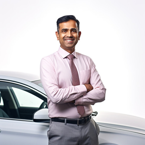 Friendly smiling handsome indian man automotive finance manager at work on white background