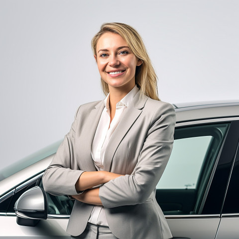 Friendly smiling beautiful woman automotive sales manager at work white background