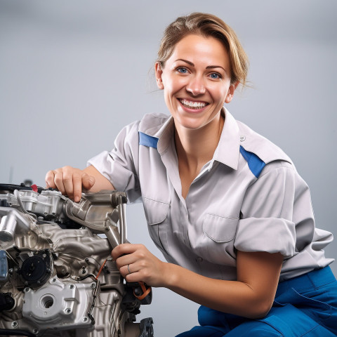 Friendly smiling beautiful woman automotive service technician at work on white background