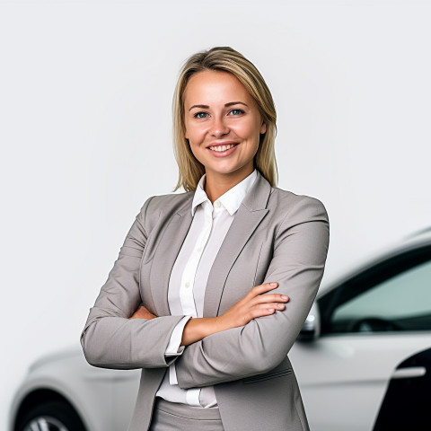 Friendly smiling beautiful woman automotive sales manager at work white background