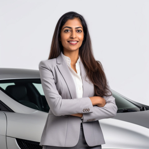 Friendly smiling beautiful indian woman automotive legal counsel at work on white background