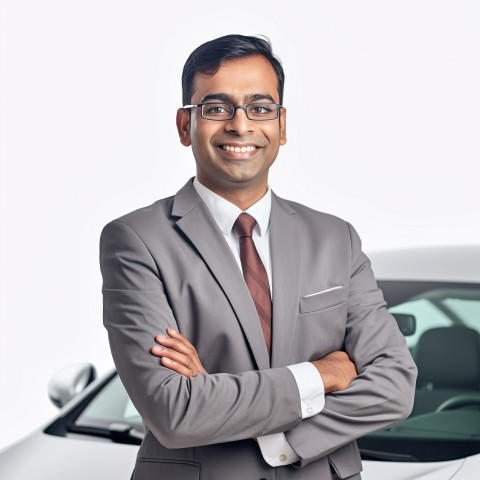 Friendly smiling handsome indian man automotive finance manager at work on white background