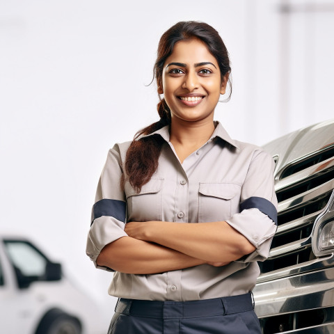 Friendly smiling beautiful indian woman automotive training instructor at work on blured background