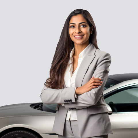 Friendly smiling beautiful indian woman automotive legal counsel at work on white background