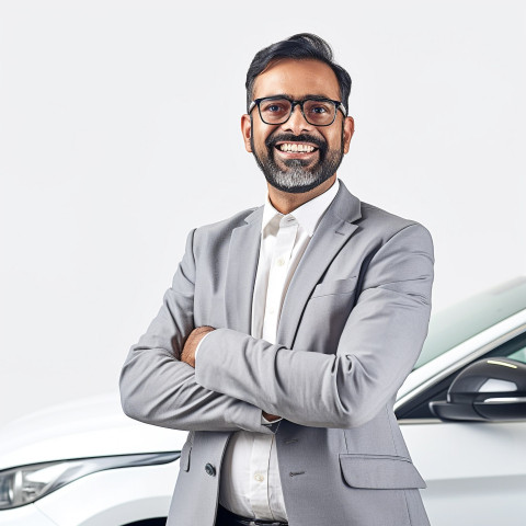 Friendly smiling handsome indian man automotive finance manager at work on white background