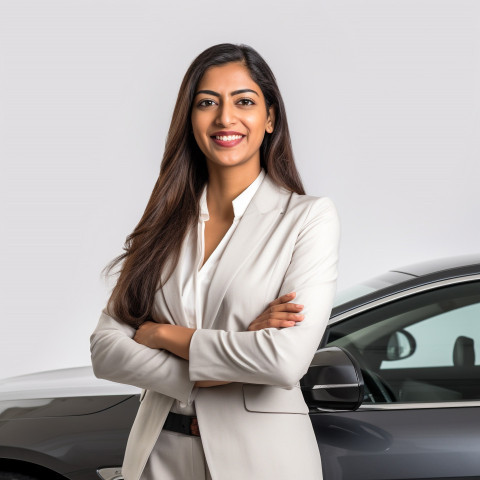 Friendly smiling beautiful indian woman automotive legal counsel at work on white background