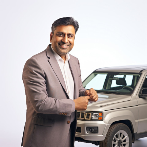 Friendly smiling handsome indian man automotive finance manager at work on white background