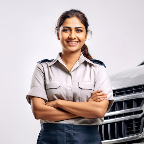 Friendly smiling beautiful indian woman automotive training instructor at work on blured background