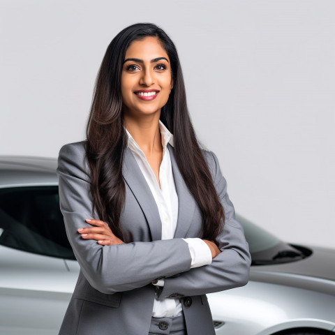 Friendly smiling beautiful indian woman automotive legal counsel at work on white background