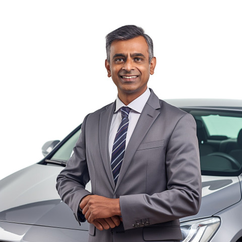 Friendly smiling handsome indian man automotive sales representative at work on white background