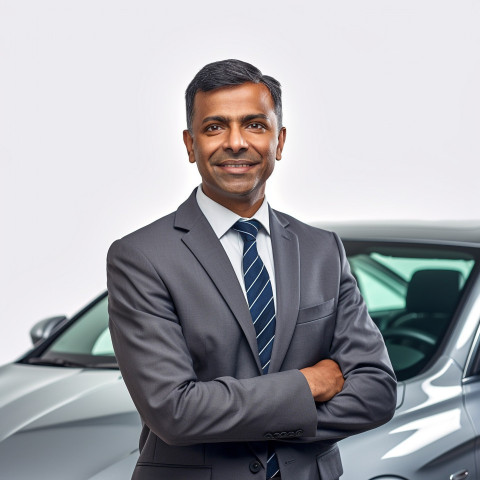 Friendly smiling handsome indian man automotive sales representative at work on white background