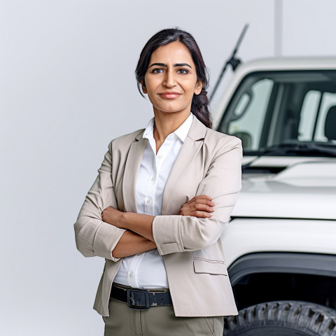 Friendly smiling beautiful indian woman automotive general manager at work on white background