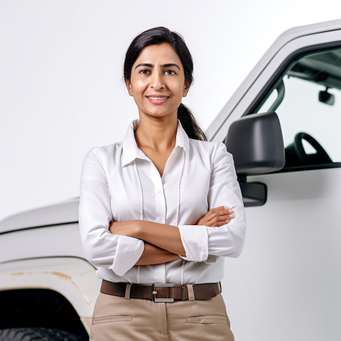 Friendly smiling beautiful indian woman automotive general manager at work on white background