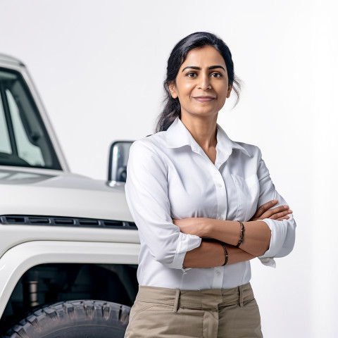 Friendly smiling beautiful indian woman automotive general manager at work on white background