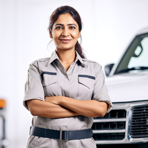 Friendly smiling beautiful indian woman automotive training instructor at work on blured background