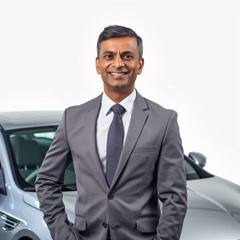 Friendly smiling handsome indian man automotive sales representative at work on white background