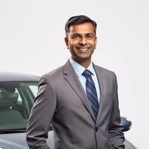 Friendly smiling handsome indian man automotive sales representative at work on white background