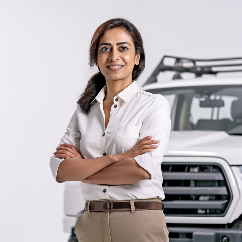 Friendly smiling beautiful indian woman automotive general manager at work on white background