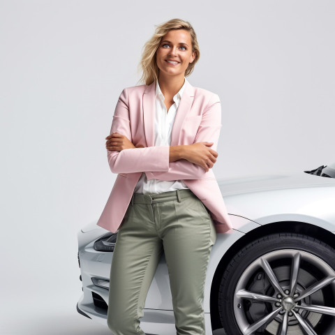 Friendly smiling beautiful woman automotive marketing manager at work on white background