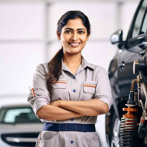 Friendly smiling beautiful indian woman automotive training instructor at work on blured background