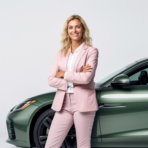 Friendly smiling beautiful woman automotive marketing manager at work on white background