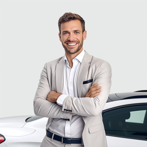 Friendly smiling handsome man automotive customer relations specialist at work on white background