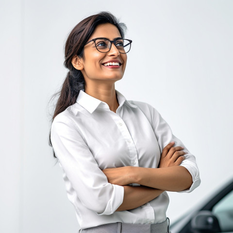 Friendly smiling beautiful indian woman automotive inventory manager at work on white background