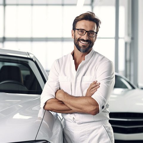 Friendly smiling handsome man automotive valets at work on white background