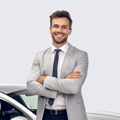 Friendly smiling handsome man automotive customer relations specialist at work on white background