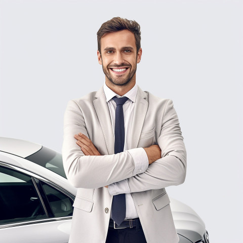 Friendly smiling handsome man automotive customer relations specialist at work on white background