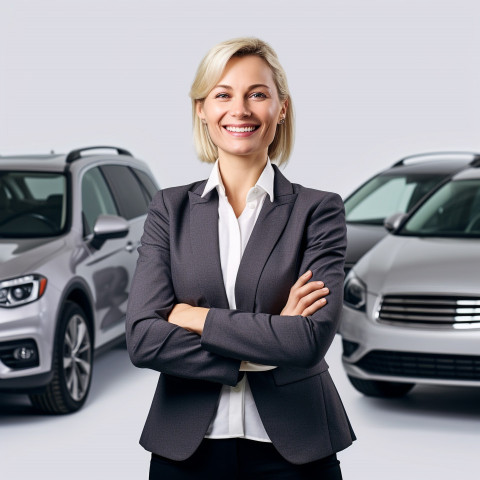 Friendly smiling beautiful woman automotive fleet manager at work on white background Friendly smiling beautiful woman automotive fleet manager at work on white background