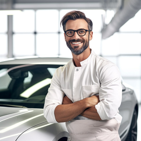 Friendly smiling handsome man automotive valets at work on white background