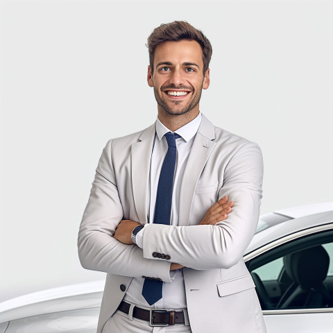 Friendly smiling handsome man automotive customer relations specialist at work on white background