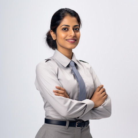 Friendly smiling beautiful indian woman automotive compliance and safety officer at work on white background