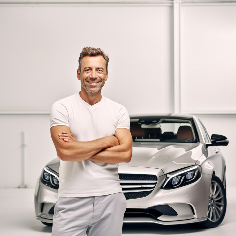 Friendly smiling handsome man automotive training instructor at work on white background