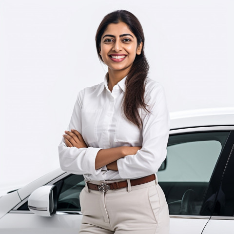 Friendly smiling beautiful indian woman automotive compliance and safety officer at work on white background