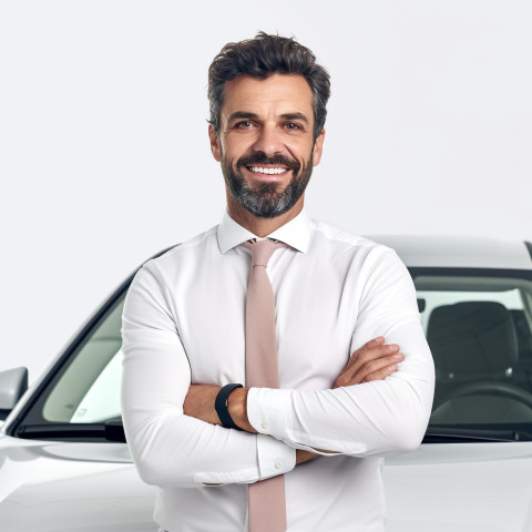 Friendly smiling handsome man automotive safety compliance specialist at work on white background