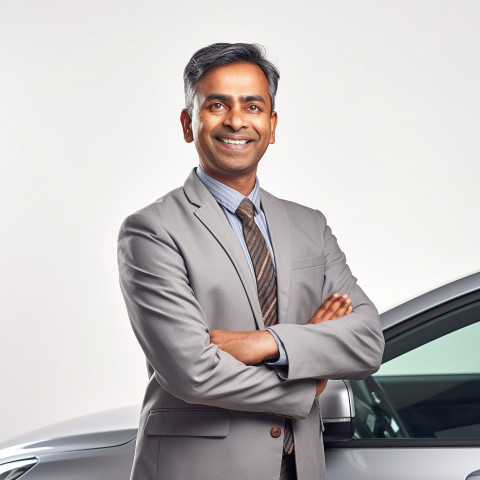 Friendly smiling handsome indian man automotive human resources manager at work on white background