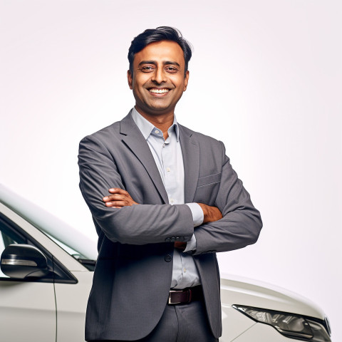 Friendly smiling handsome indian man automotive human resources manager at work on white background