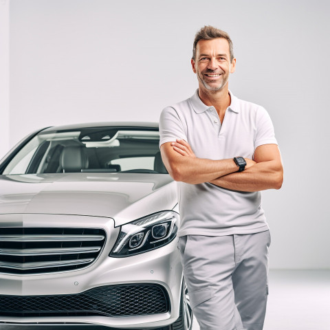 Friendly smiling handsome man automotive training instructor at work on white background