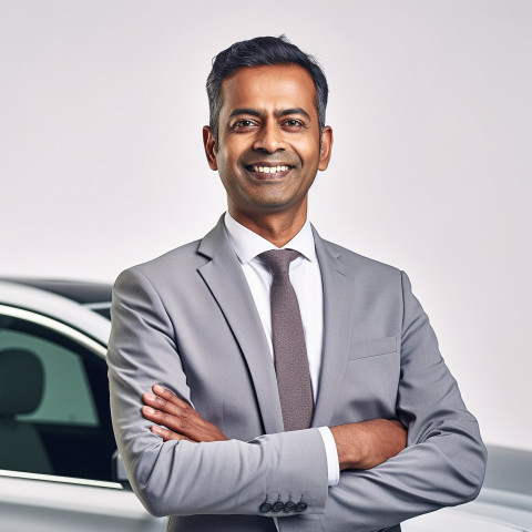 Friendly smiling handsome indian man automotive human resources manager at work on white background