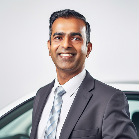 Friendly smiling handsome indian man automotive human resources manager at work on white background