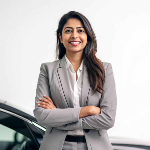 Friendly smiling beautiful indian woman automotive sales representative at work on white background