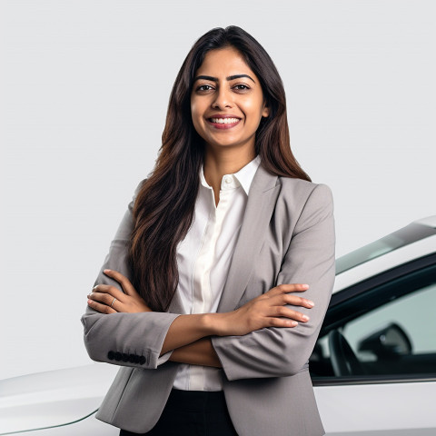 Friendly smiling beautiful indian woman automotive sales representative at work on white background