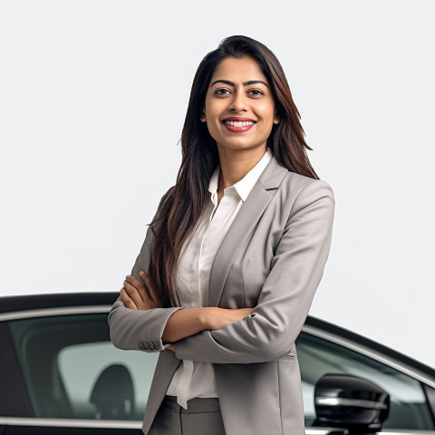 Friendly smiling beautiful indian woman automotive sales representative at work on white background